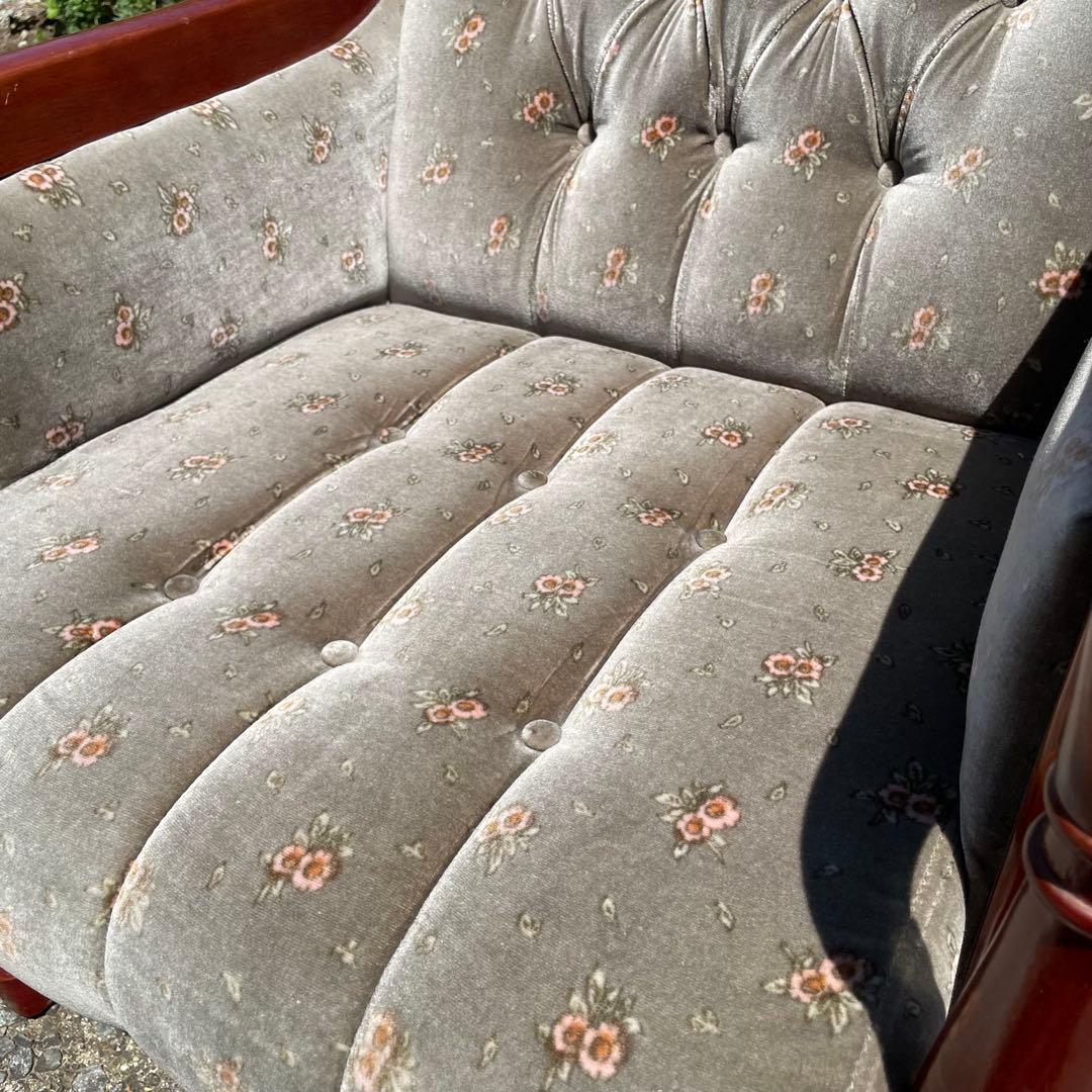 【美品】新象 シングルソファ 1P アンティーク 花柄　グレー　レトロ　ソファ