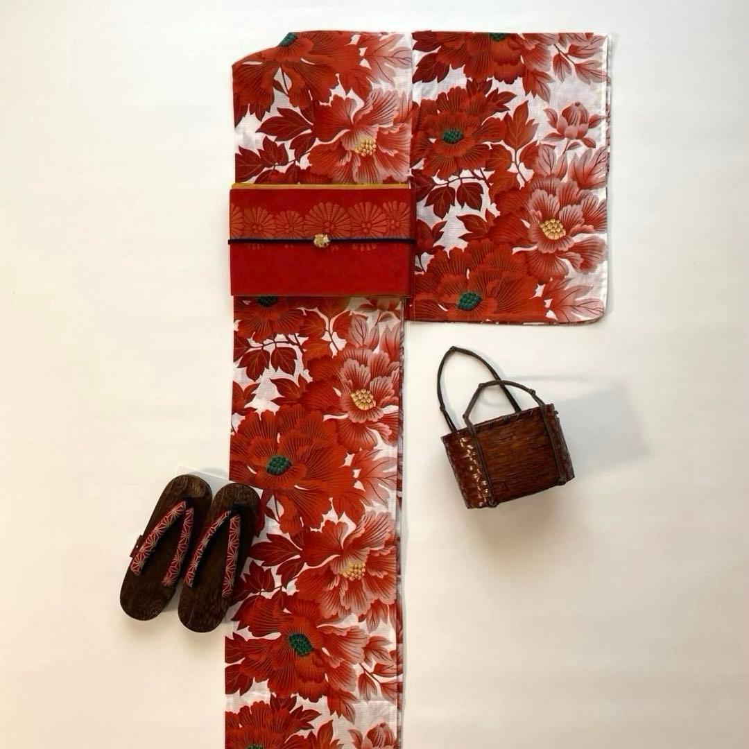 【浴衣6点セット】キモノマチ　浴衣　半幅帯　タグ付　二分紐　帯留め　下駄　バッグ