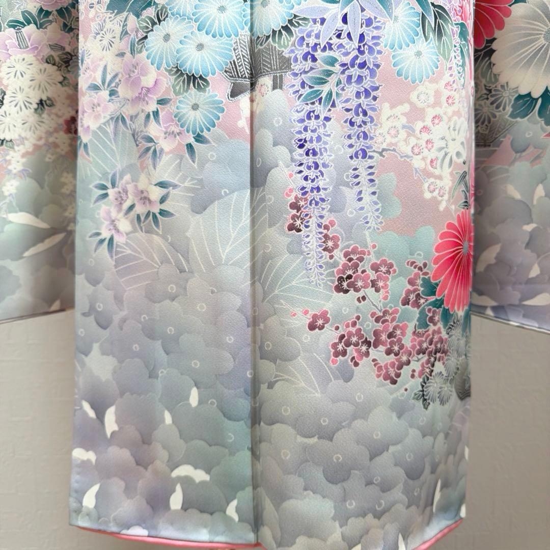 490 振袖フルセット 正絹 オフホワイト グレー 銀彩 暈し染め