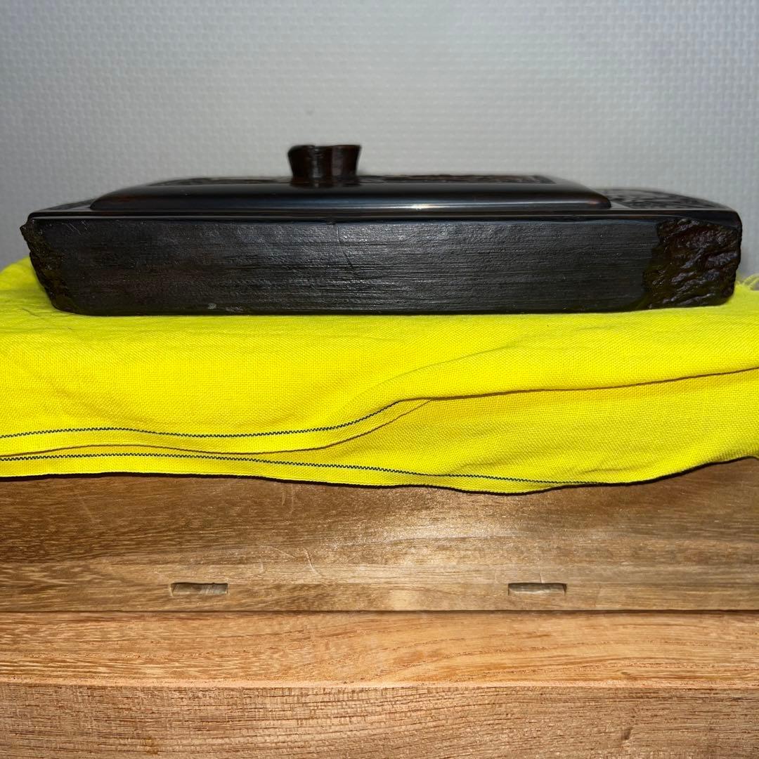 ⭕️赤間硯　共蓋付梅花彫刻硯　阿野硯製作所　龍泉作　美品　墨持ち良い