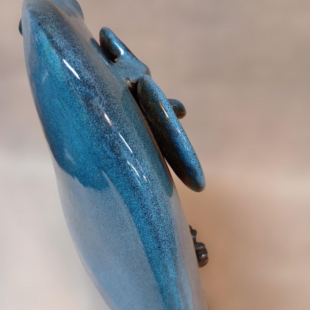 フクロウの陶器　作家物　花器　花瓶 ブルー　グラデーション