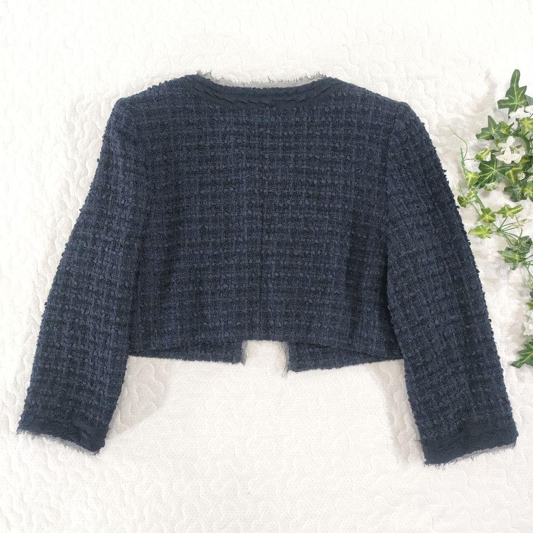 極美品✨FOXEY　コットンツイードノーカラージャケット　ネイビー　38