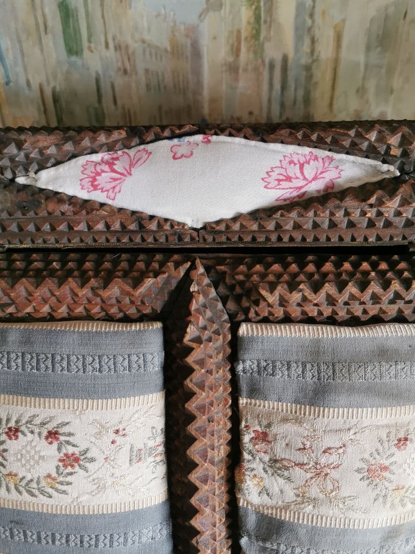 アンティーク トランプアート 木工レース細工ボックス 針箱 フレンチファブリック