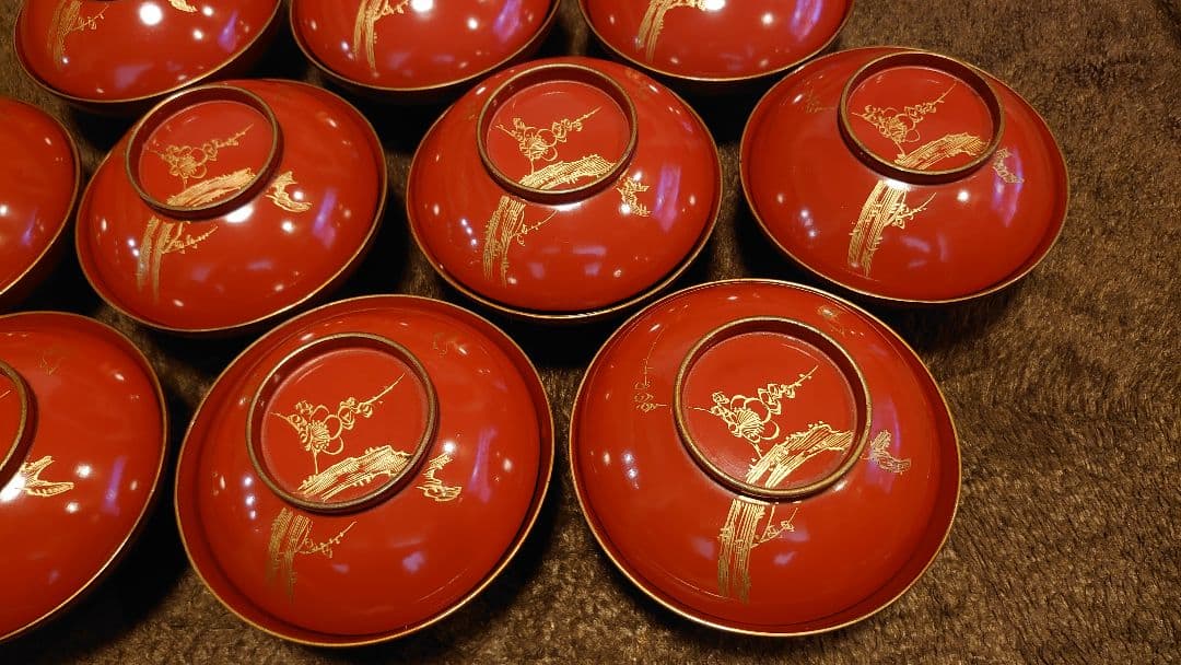 輪島塗　漆器　沈金　 梅鶯の図　蓋椀　菓子椀　蔵出し　10客