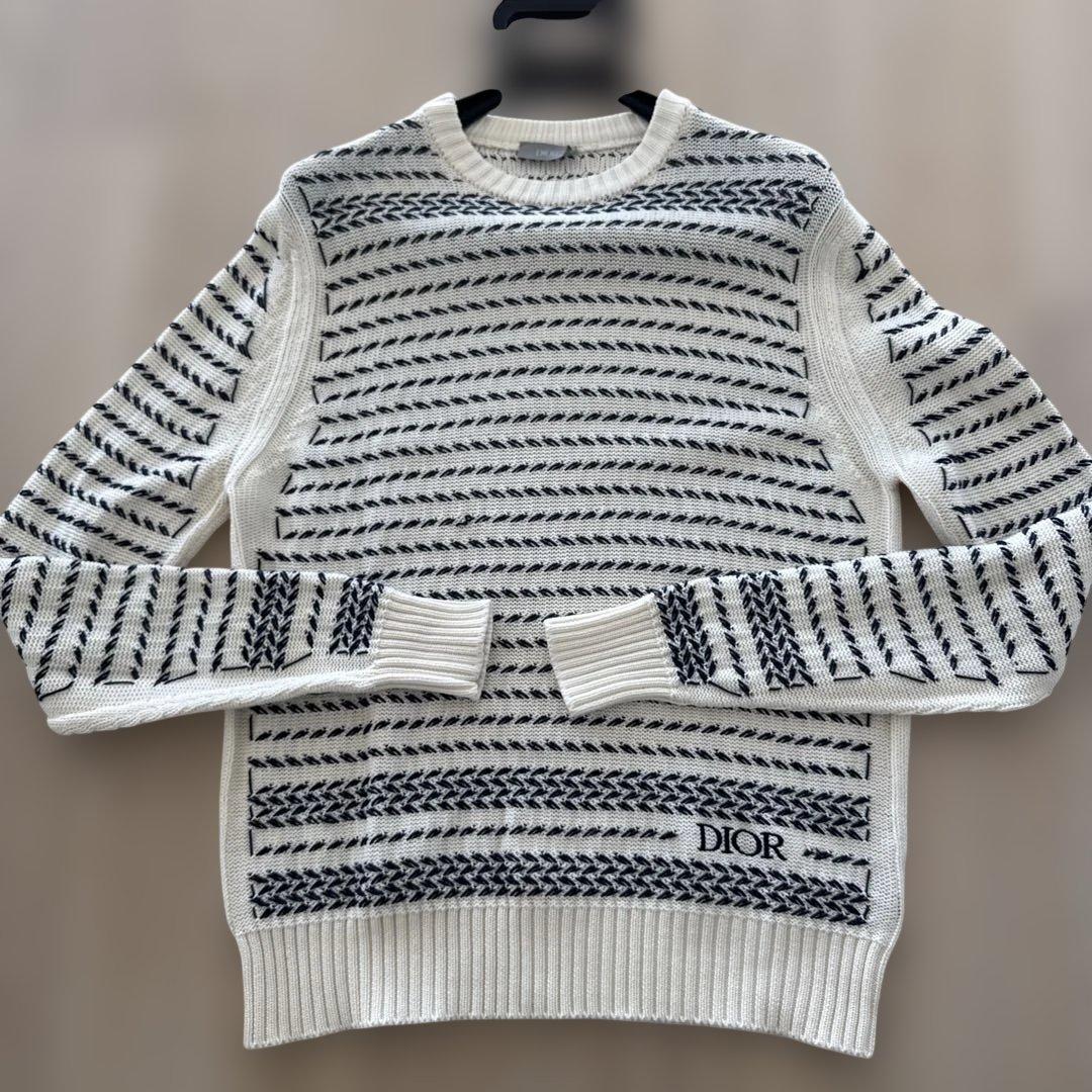 Dior ストライプ クルーネックセーター 白　XS