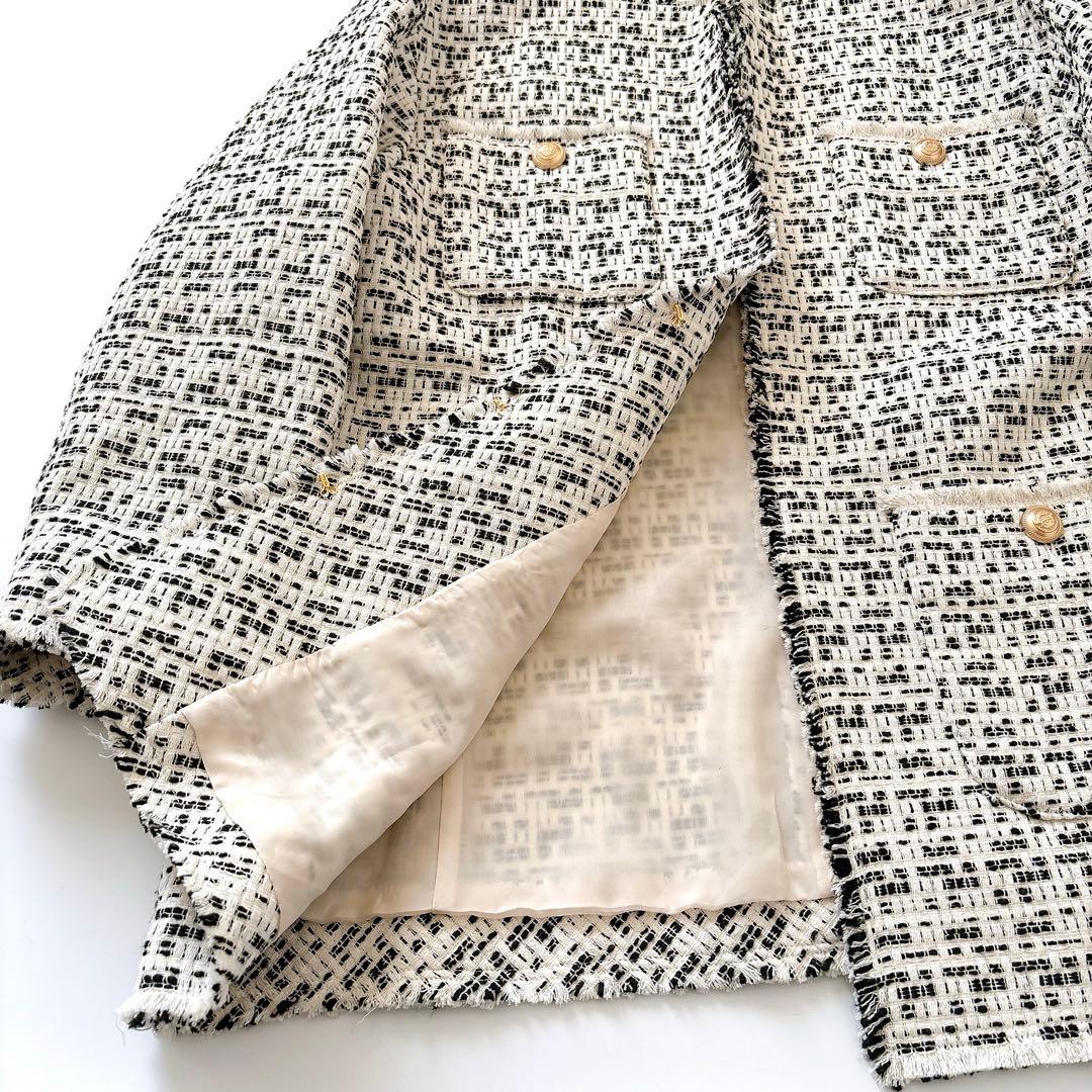 タグ付き新品　ガリャルダガランテ　ノーカラーツイードジャケット 白×黒　F