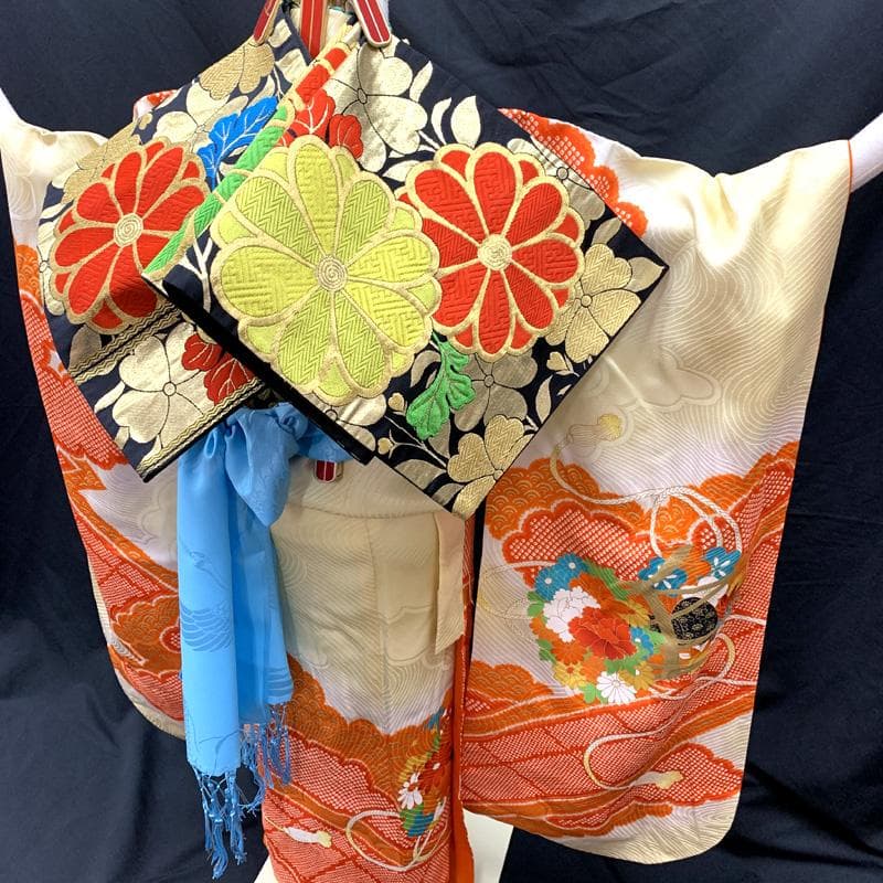 509ag4□七五三 七歳 女児 着物&袋帯 金駒刺繍 地紋 花鼓 雲取り□美品