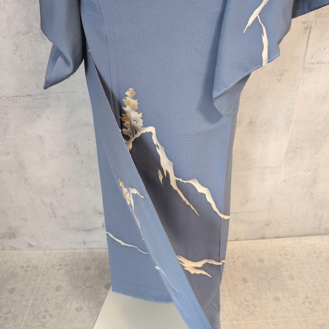 訪問着　フルセット　着物　正絹　落款　山　Sサイズ　青　金彩　しつけ糸　F9