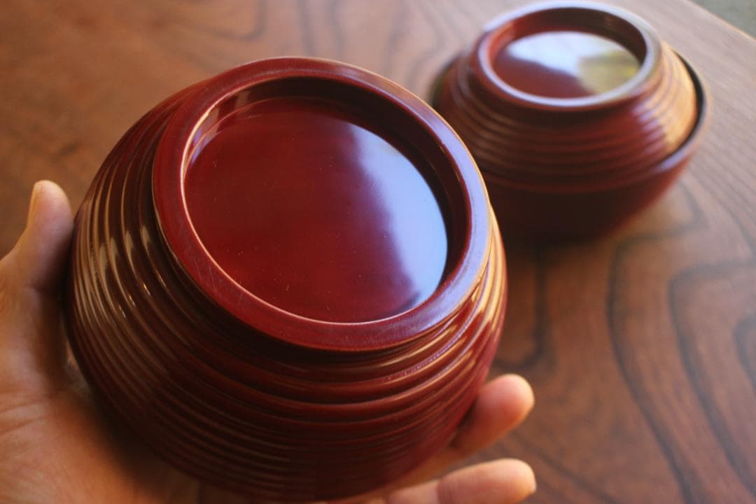 デッドストック！深みある糸目紅溜塗に極上稲穂福来雀蒔絵のお椀2点（検輪島塗雑煮椀