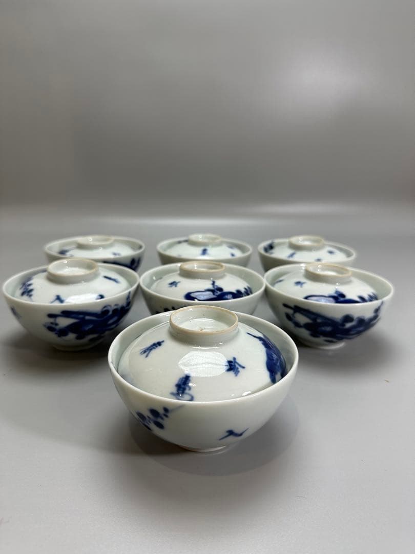 中国 古染付 梅絵 蓋碗 七件