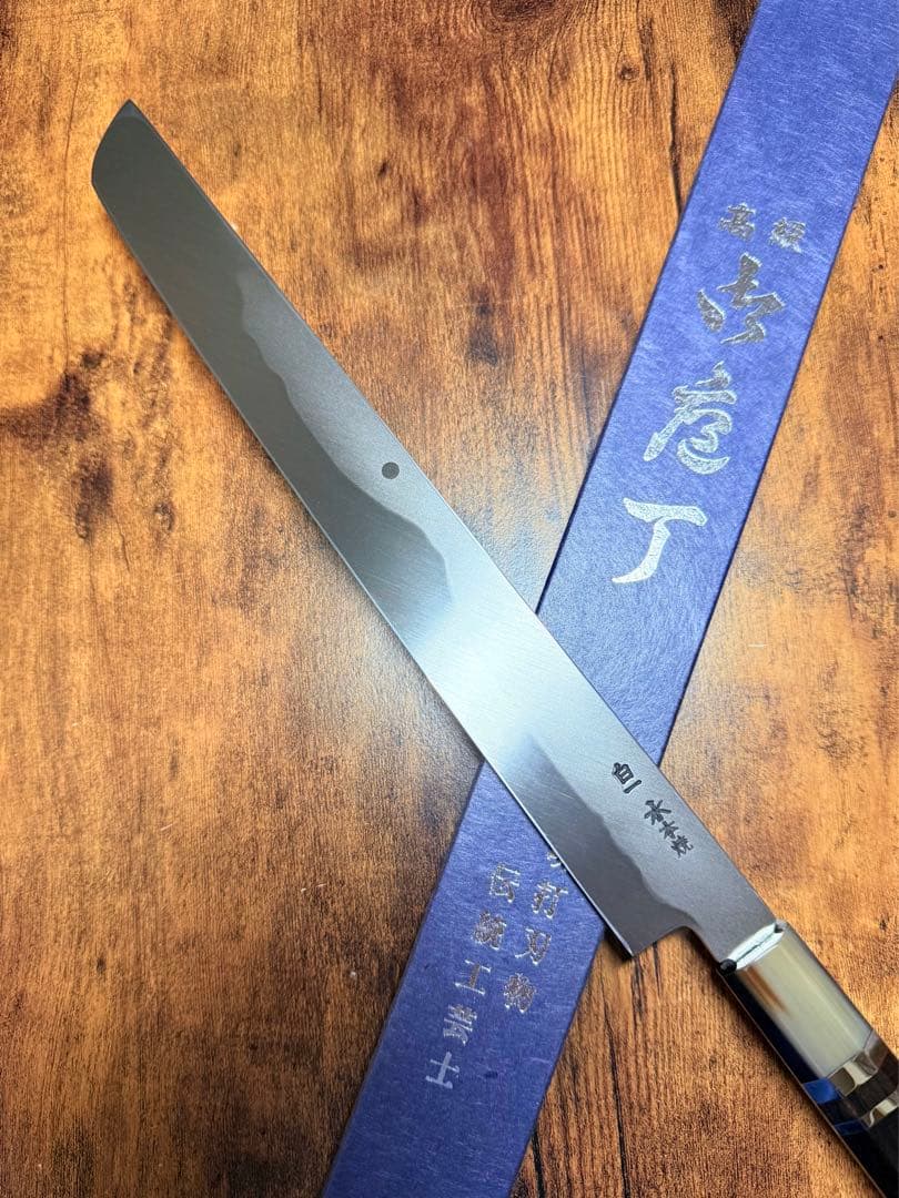 【堺打刃物】蛸引 先丸　水本焼 白一鋼 富士山　鏡面 尺　包丁　黒檀水牛八角柄