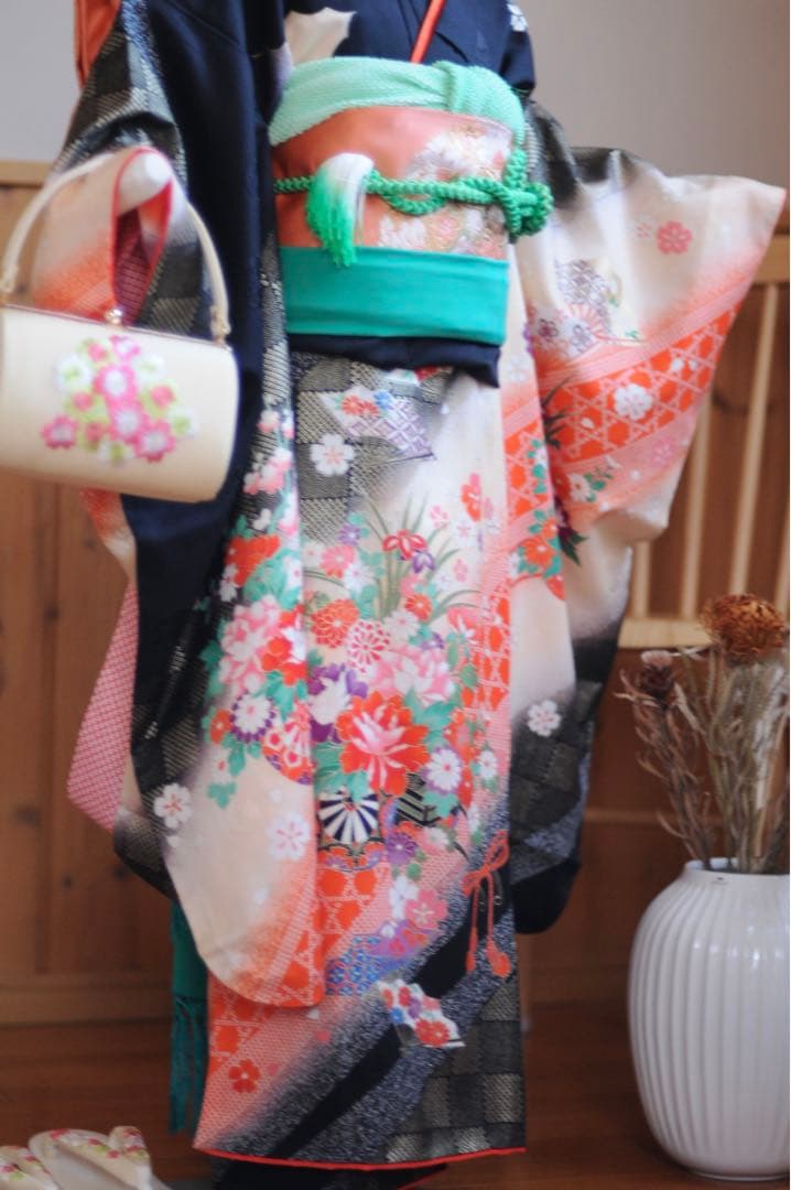 七五三 フルセット 正絹 5歳 7歳 作り帯 袋帯 ジュニア 黒 アンティーク