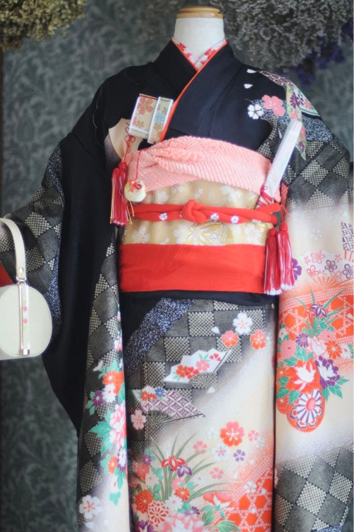 七五三 フルセット 正絹 5歳 7歳 作り帯 袋帯 ジュニア 黒 アンティーク