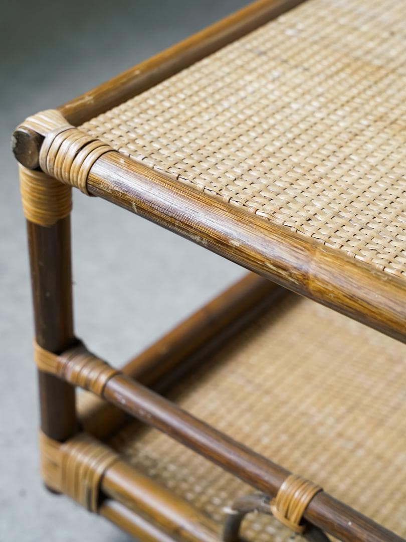 80-90's vintage ワゴンテーブル 藤 ラタン レトロモダン