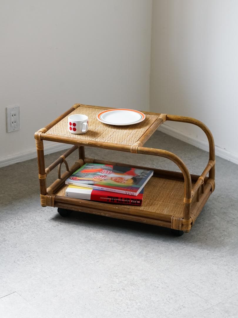 80-90's vintage ワゴンテーブル 藤 ラタン レトロモダン
