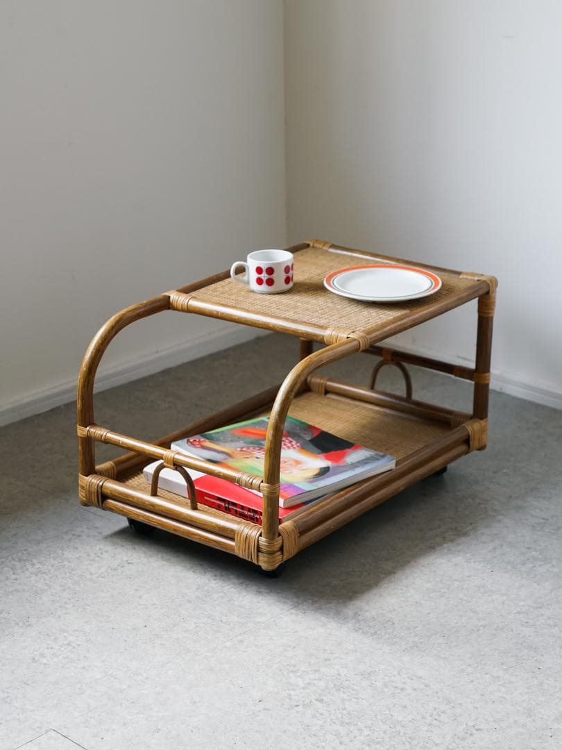 80-90's vintage ワゴンテーブル 藤 ラタン レトロモダン