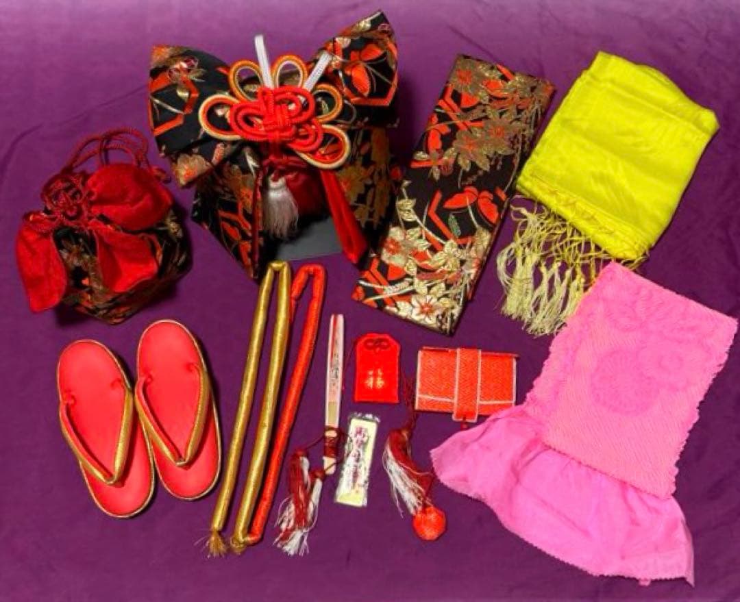 七五三　３～５歳向け　ほぼフルセット　着物、帯等小物セット　正絹