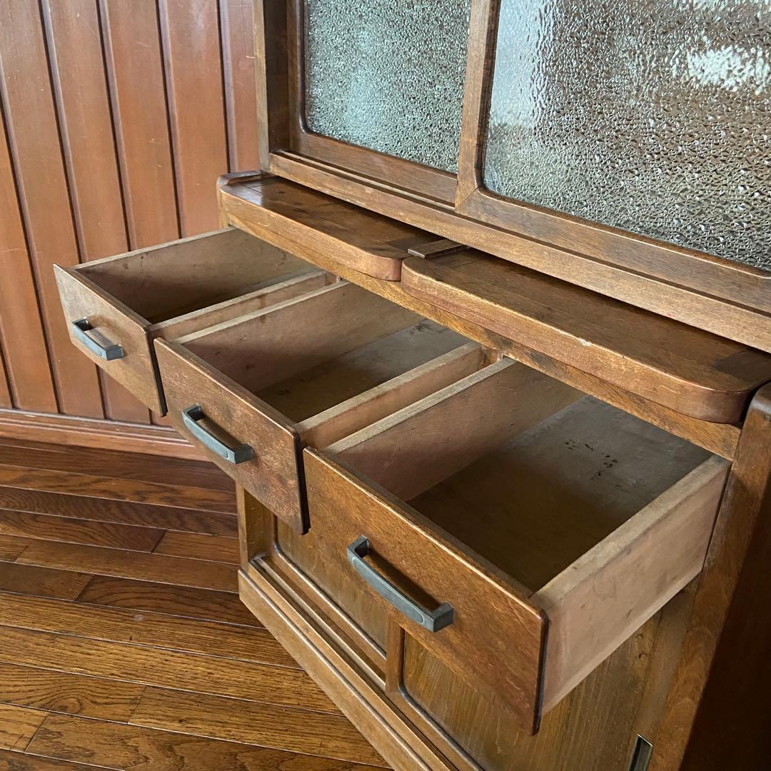 アンティーク　食器棚　置き台付き　希少な棚　ダイヤガラス　戸棚　昭和レトロ