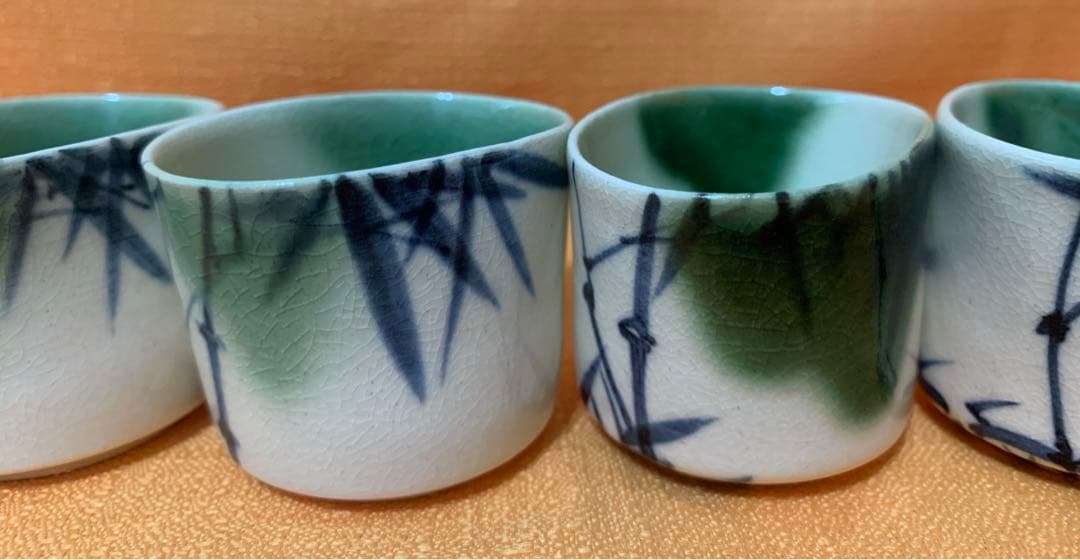 京都の名匠　伊東陶山　作　織部竹林　茶器　5客