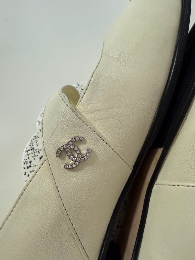 シャネル メリージェーン バレリーナ フラットシューズ ホワイト ツートン 37