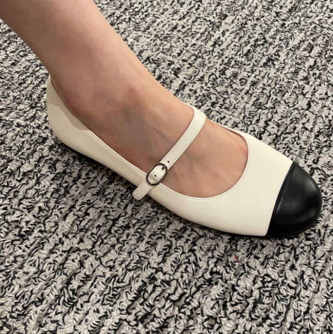 シャネル メリージェーン バレリーナ フラットシューズ ホワイト ツートン 37