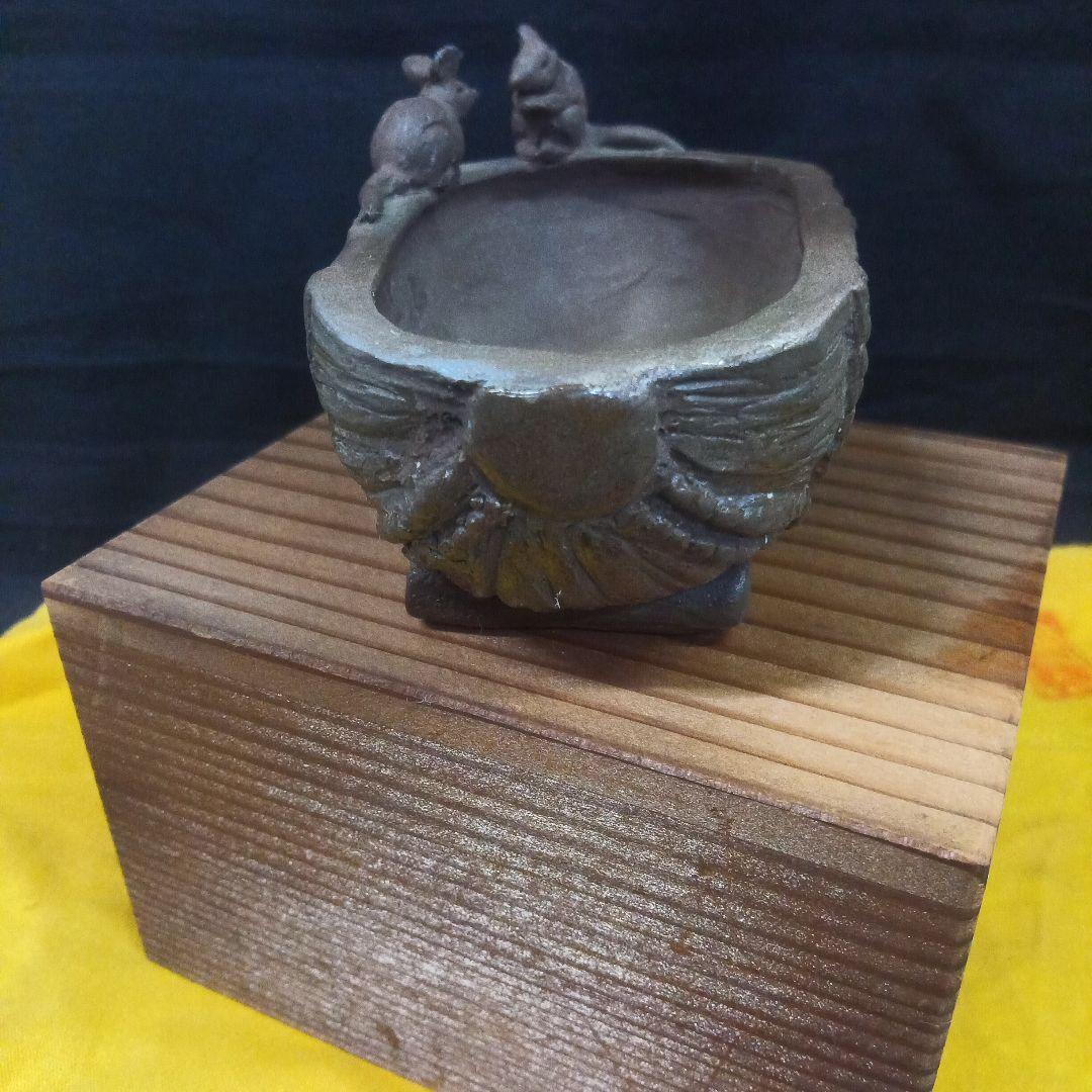 011.【寿悦】烏泥鼡俵鉢/ミニ盆栽鉢/木箱付き