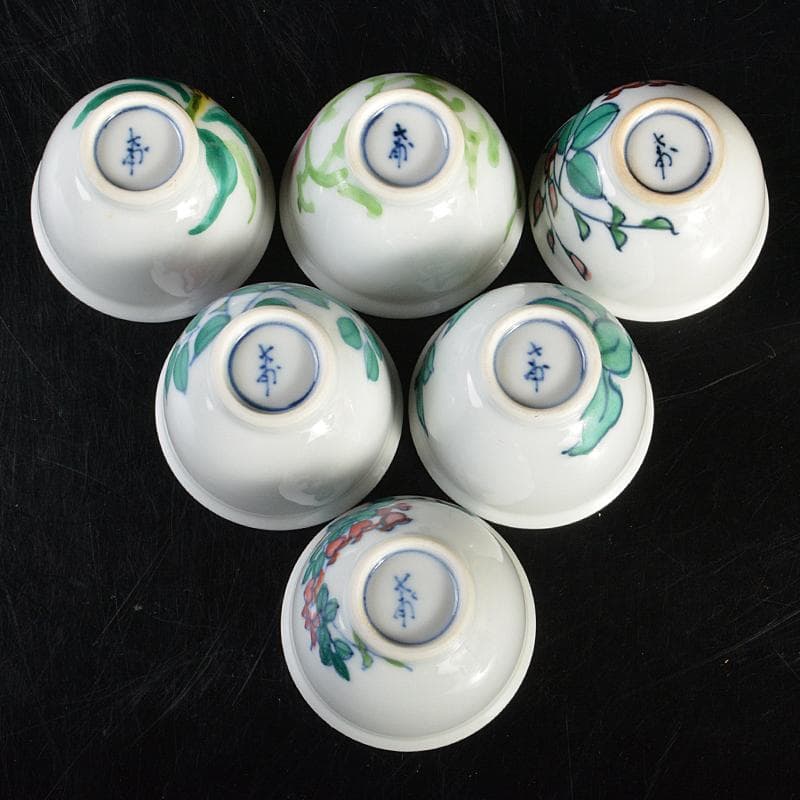 京焼　平安七甫作　色絵　模様絵変わり　花文　玉露碗　六客　共箱　M　R6838