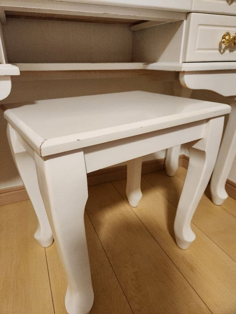 【美品】ネコ脚 ドレッサー 天然木セット 可愛い ホワイト家具 化粧台 スツール