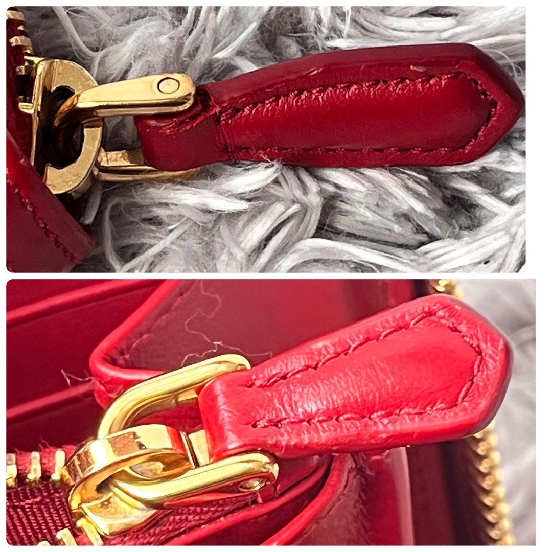 極美品✨PRADA ラウンドファスナー　三角ロゴ　シボレザー　レッド　レディース