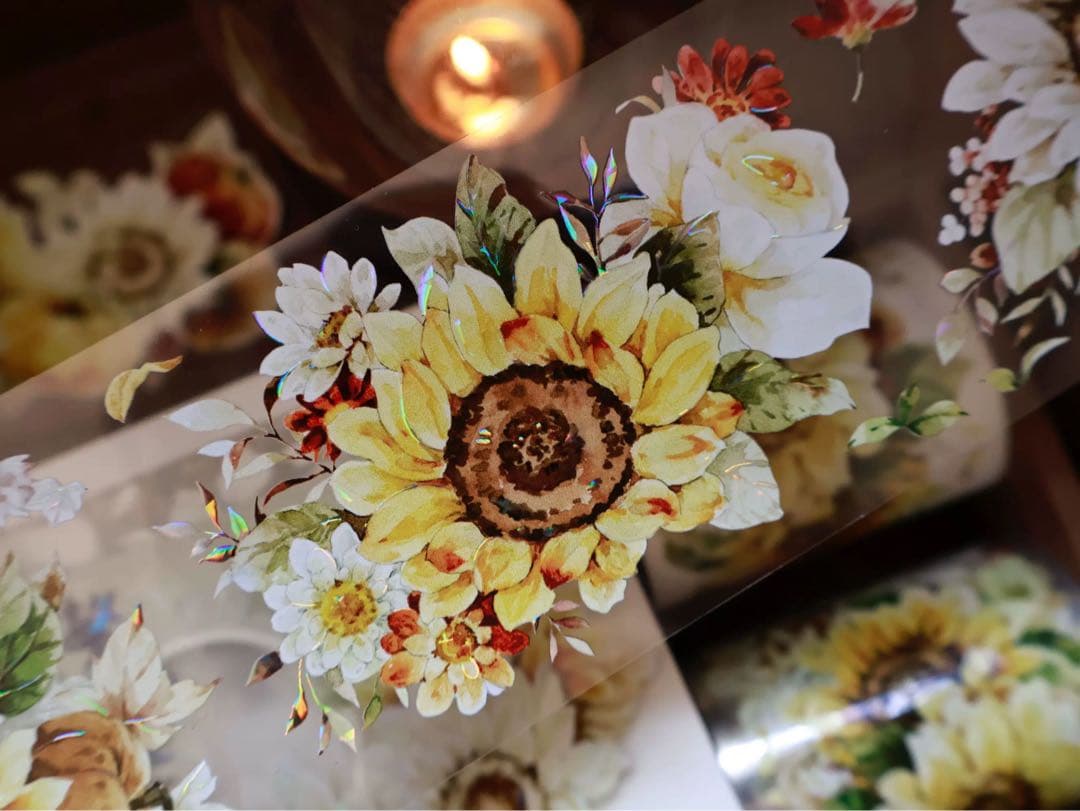 【8224】海外　マステ　5m巻売り　貝殻光マスキングテープ　向日葵　お花