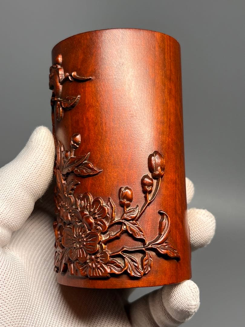 中国古美術 唐物 木製 黄楊木 一刀彫 筆立 筆筒 浮彫 文房具 極美品 旧蔵