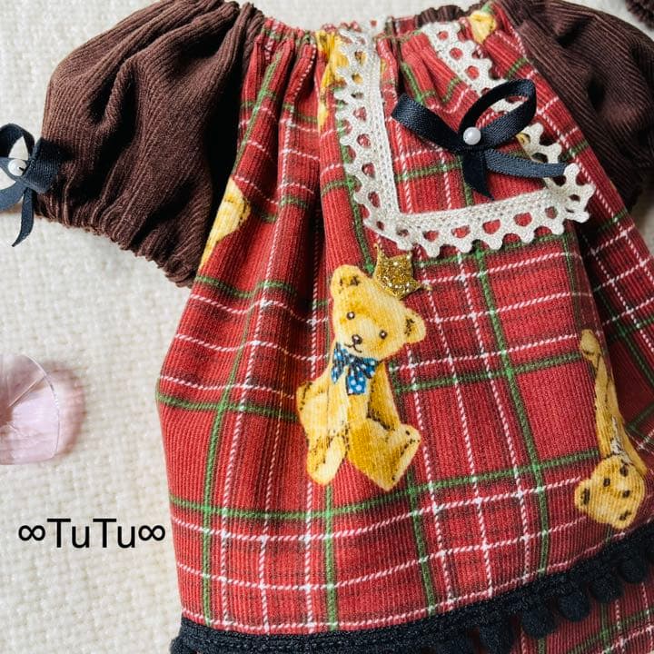 コールテンテディベア　赤チェック　犬服ハンドメイド　犬の洋服