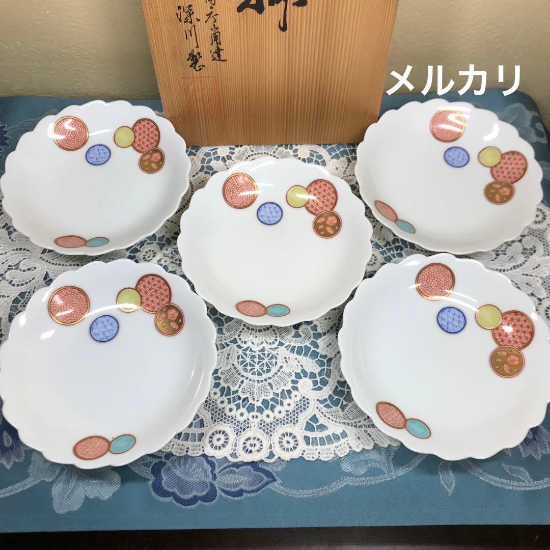 深川製磁　赤絵丸紋　銘々皿　5枚1セット(木箱入り)　＆　丸鉢　１客　ひなまつり