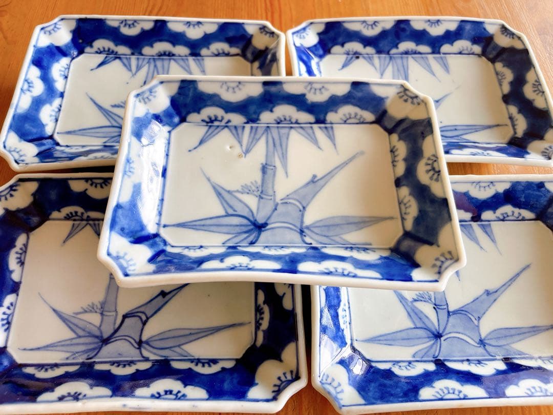 【古伊万里】幕末〜明治期 染付 竹文様 隅切角皿 5客揃え /豆皿 小皿 手塩皿