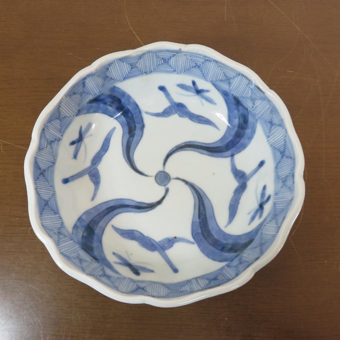 なます皿 4枚 染付 蝶 鳥 渦巻 風車 花弁縁 江戸