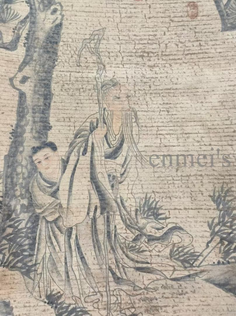 中国古美術 明代 盧稜伽作款 水墨画 風景人物 三尺 宣紙 掛け軸 唐物 肉筆