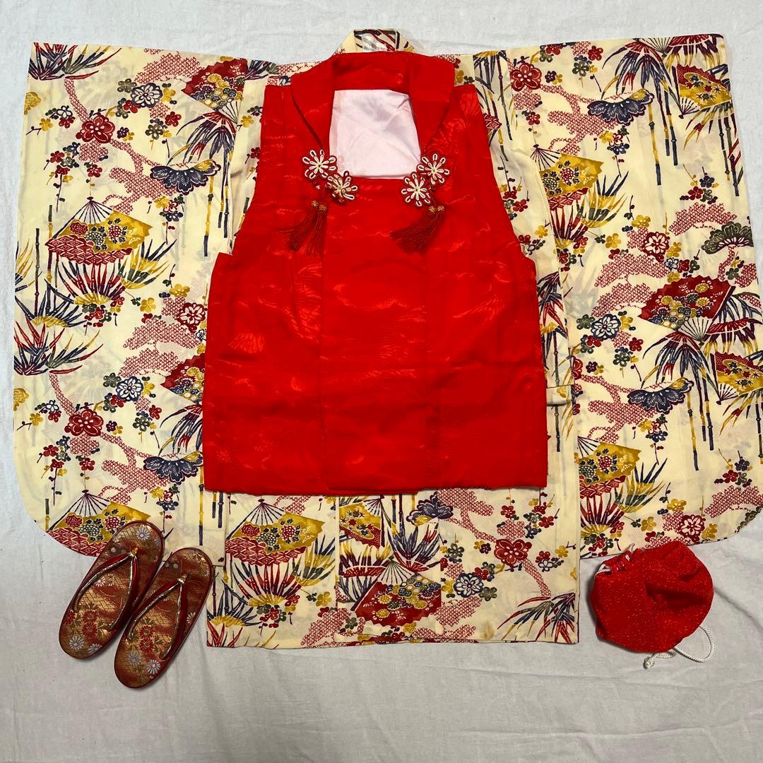 七五三　3歳　着物セット　アンティーク　被布　白　クリーム色