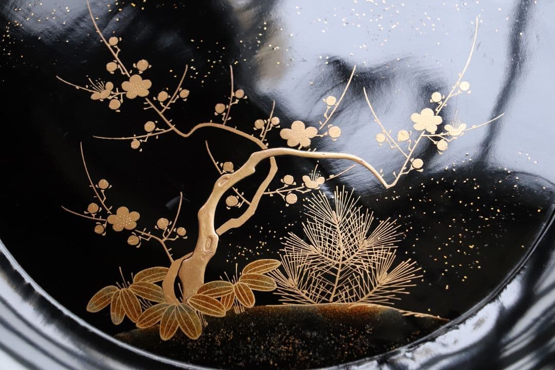 MA220 時代漆器 松竹梅鶴金蒔絵 縁唐草 黒塗 大徳寺盆 五客 菓子盆 木皿