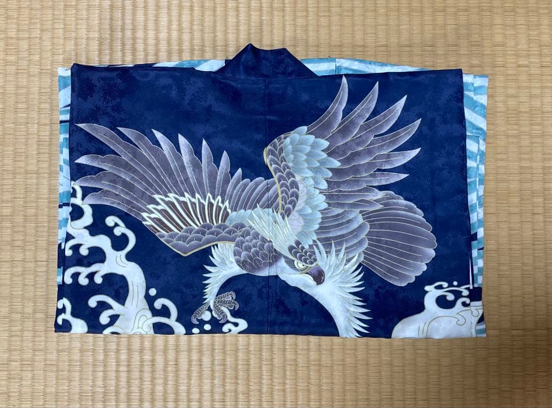 ［美品］七五三 男の子5歳　羽織袴セット　青地　鷹　宝船　縞袴