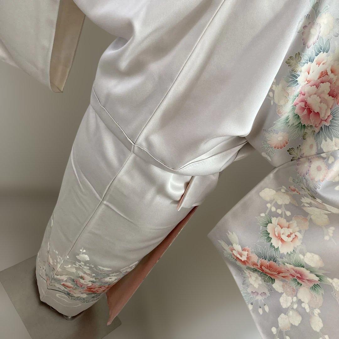 新品　淡いグレー地　訪問着　牡丹　花車文様　桜　縁起柄　小柄な方　s