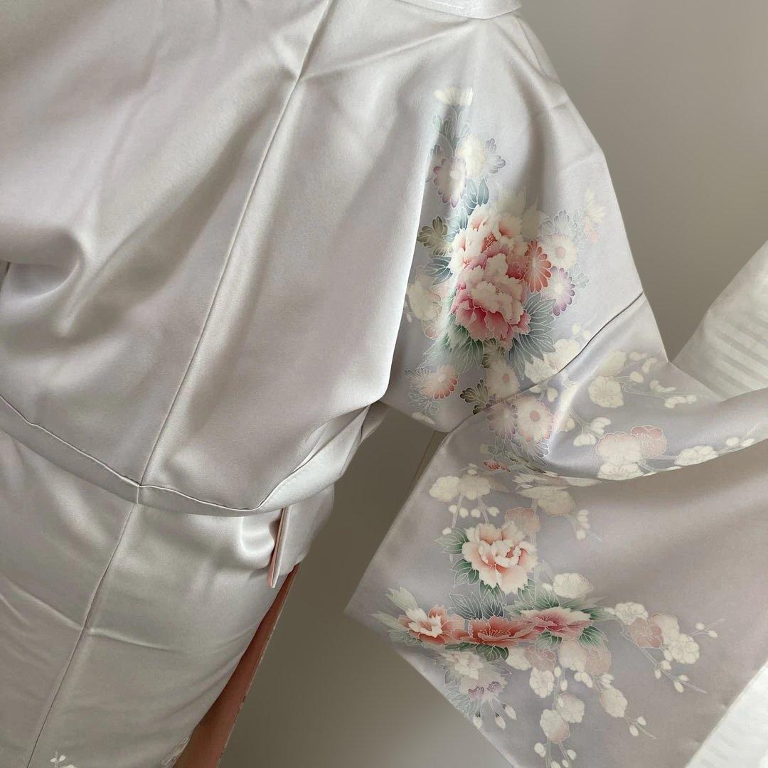 新品　淡いグレー地　訪問着　牡丹　花車文様　桜　縁起柄　小柄な方　s