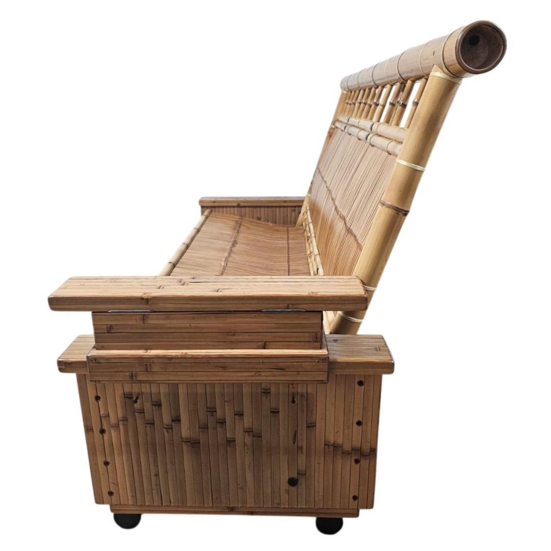 梅里竹芸 3人掛け 健康 長椅子 真竹 片肘テーブル キャスター付き バンブー