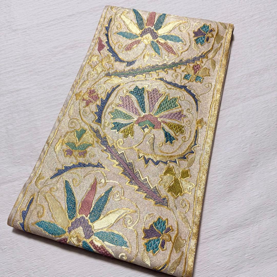 m-93 となみ帯 袋帯 六通 正絹 金糸