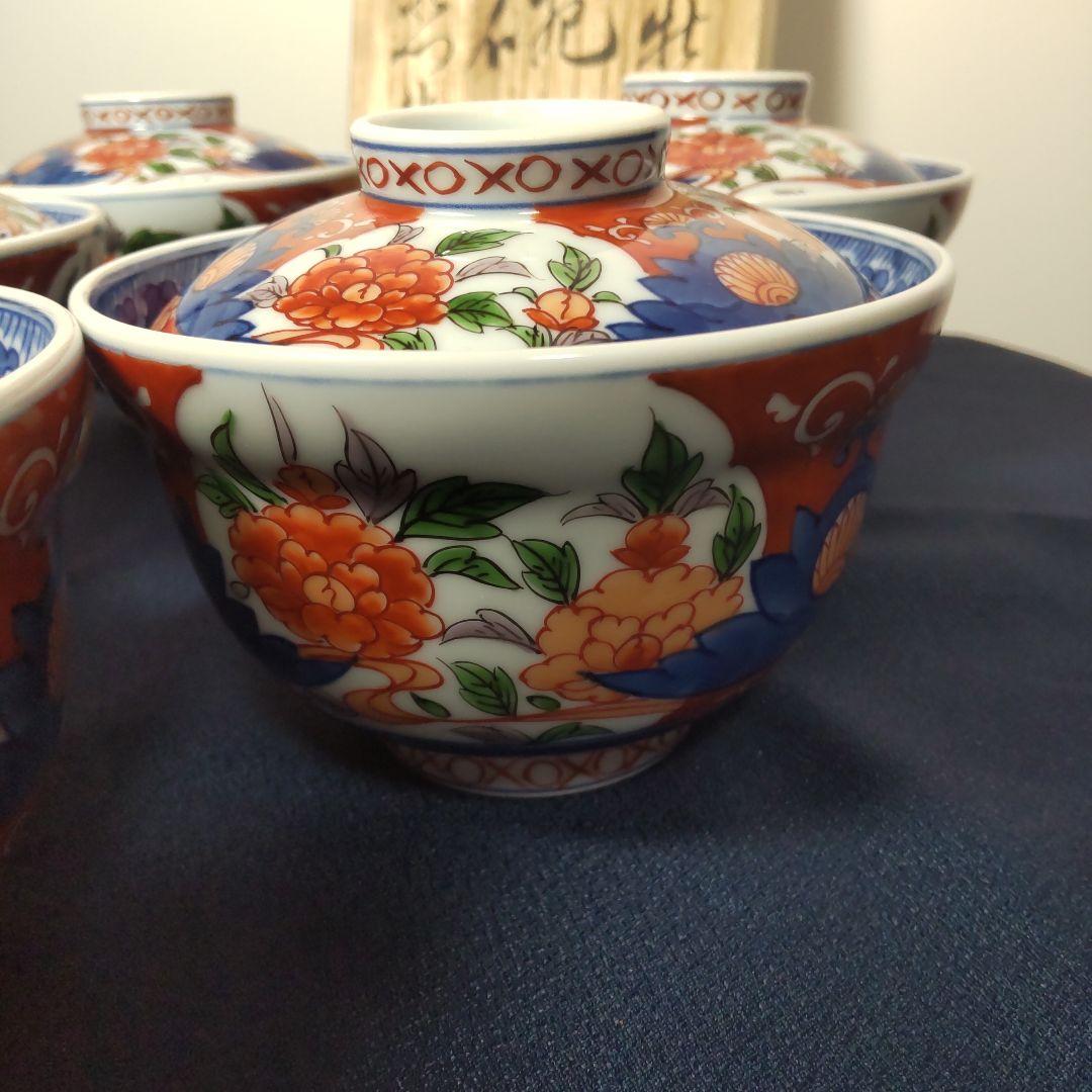 源右衛門 古伊万里 丼 小どん どんぶり 蓋付き 牡丹 染錦 染付 5客 木箱