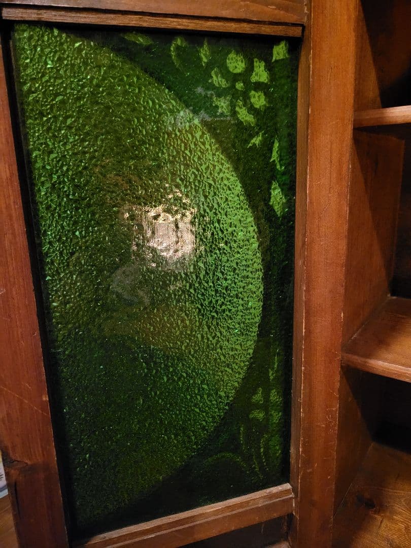 緑 ダイヤガラス　透かし彫り　本棚　本箱　キャビネット　大正ロマン　アンティーク