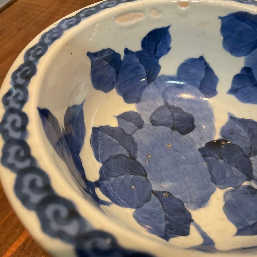 美品　古伊万里　染付の器　江戸時代　肥前　磁器　高杯　金継ぎ　染付の絵柄が上品な