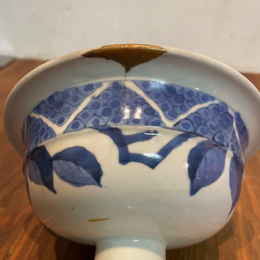 美品　古伊万里　染付の器　江戸時代　肥前　磁器　高杯　金継ぎ　染付の絵柄が上品な