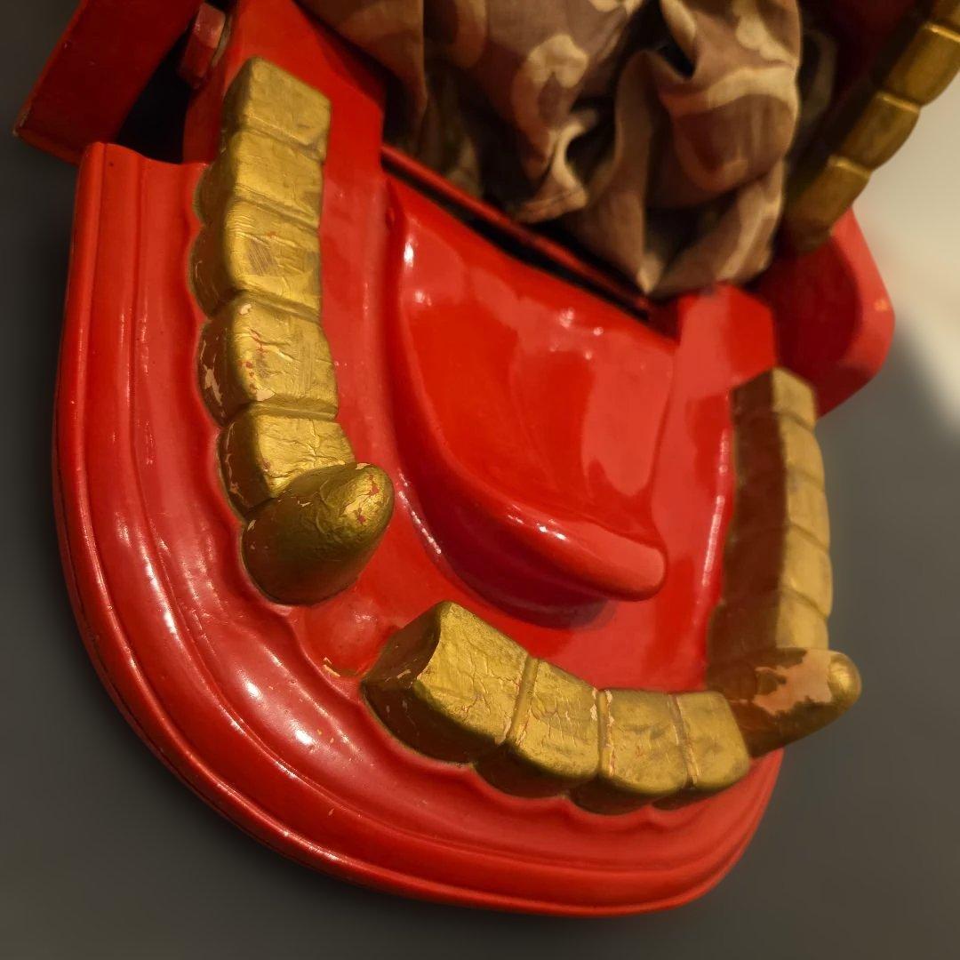 旧家蔵出 大振 獅子頭 雄 木彫 獅子舞い 彫刻 朱塗 漆塗