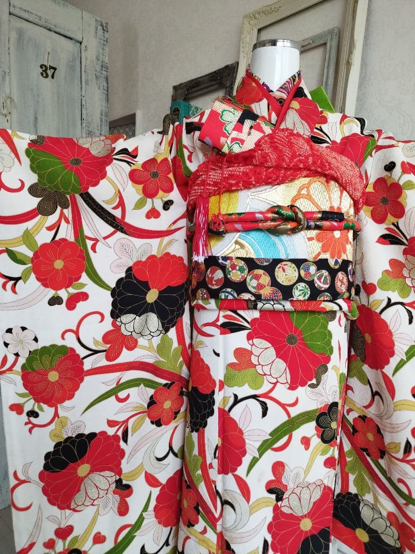 ☆大正浪漫アンティーク☆レトロポップな着物と黄緑作り帯☆七五三ハーフ成人式