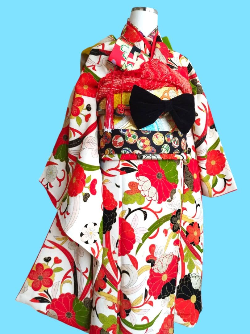 ☆大正浪漫アンティーク☆レトロポップな着物と黄緑作り帯☆七五三ハーフ成人式